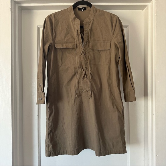 Theory Dress Womens  2 Green Jullitan poplin 3/4 Sleeve Lace-Up Mini Shift - Picture 1 of 8